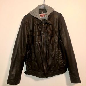 Levi’s leather jacket with grey hood